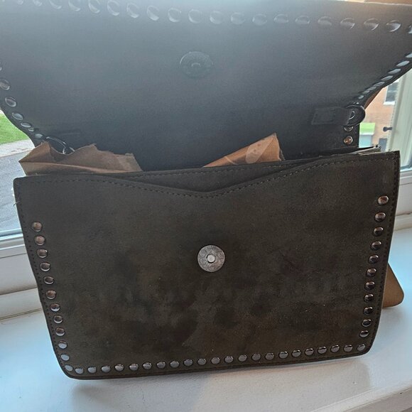 NEIMAN MARCUS STUDDED SUEDE Loden Green Shoulder Bag / CLUTCH / crossbody NWT - Picture 6 of 11